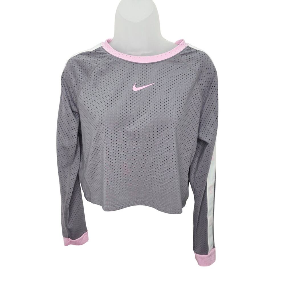 Nike Dri Fit Cropped Mesh Top Womens Gray Pink Athleisure Y2K Gym Workout Swoosh